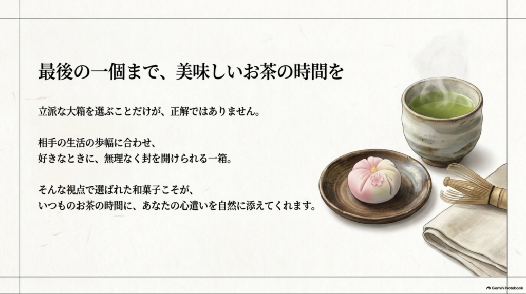 和菓子とお茶を囲み、相手の生活に合わせて最後の一個まで無理なく楽しめる贈り物を伝える締めのスライド