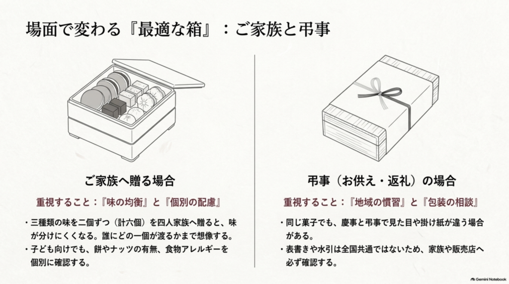 家族向けでは味と個数のバランス、弔事では地域の慣習や包装を確認する和菓子選びのポイント