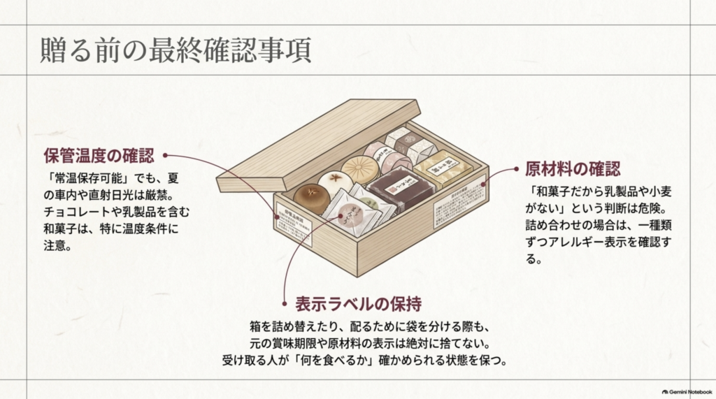 和菓子を贈る前に確認したい保管温度、原材料、賞味期限や表示ラベルの保持をまとめたチェック図