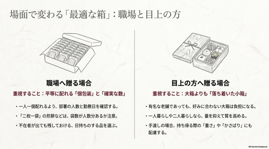 職場では人数分の個包装、目上の方には量を抑えた落ち着いた小箱を選ぶポイント