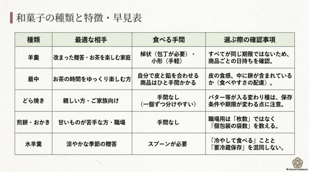 羊羹、最中、どら焼き、せんべい・おかき、水羊羹の適した相手と食べる手間、確認事項をまとめた比較表