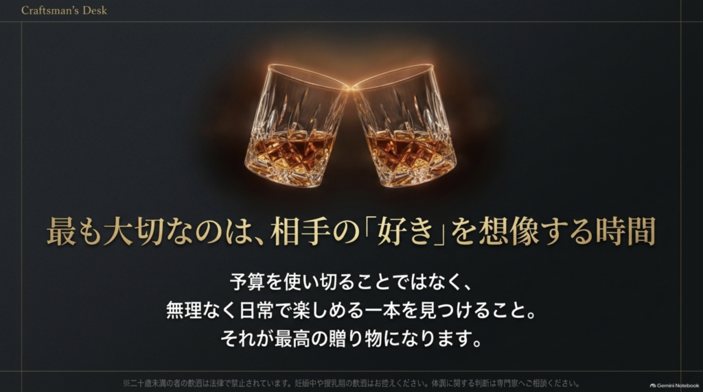 予算を使い切るより相手が無理なく日常で楽しめるウイスキーを選ぶことが大切だと伝えるまとめ