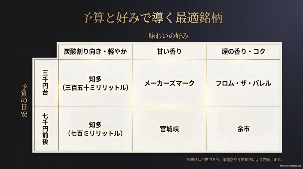 3000円台と7000円前後を目安に、軽やか、甘い香り、煙やコクの好み別にウイスキー銘柄を比較した表