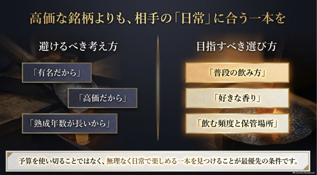 有名・高価・熟成年数だけで選ばず、普段の飲み方や香り、飲む頻度からウイスキーを選ぶ考え方