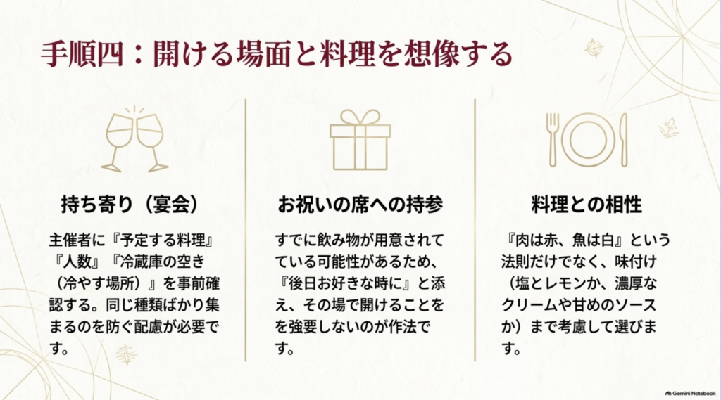 持ち寄りやお祝いの席、料理との相性からワインを選ぶポイント