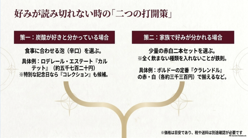 ワインの好みが分からない場合に辛口の泡や少量の赤白セットを選ぶ方法