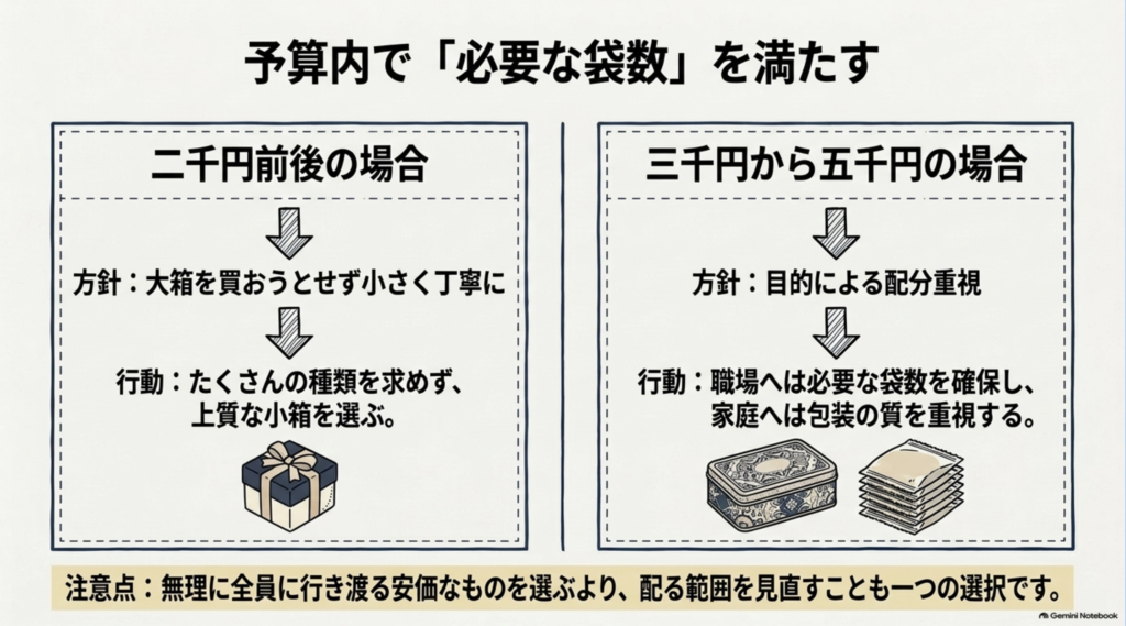 二千円前後と三千円から五千円程度の予算で、必要な袋数や贈る目的に合わせて焼き菓子を選ぶ考え方を示した図
