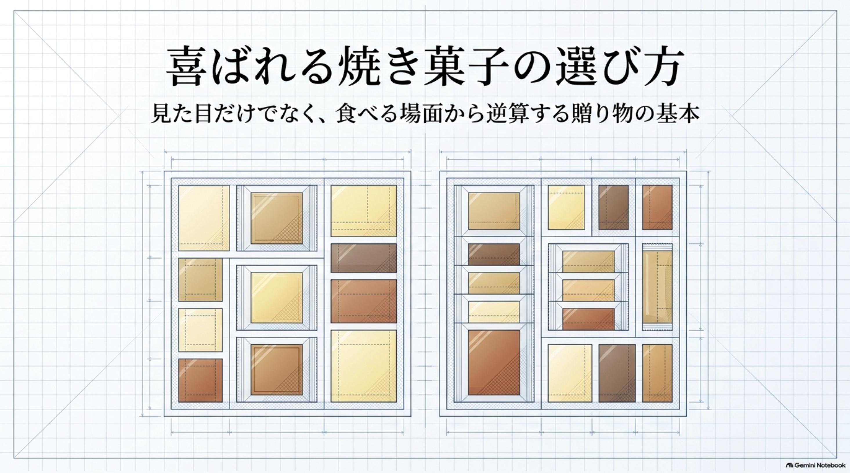 焼き菓子の贈答品を見た目だけでなく食べる場面から考えて選ぶ基本を示したイラスト
