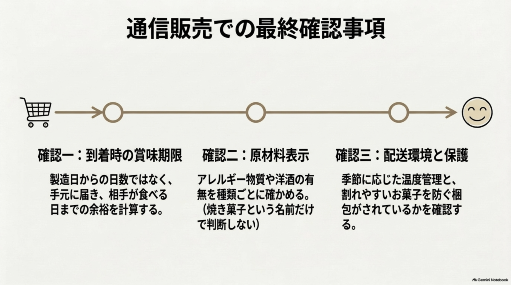 通販で焼き菓子を購入する際に、到着時の賞味期限、原材料表示、配送環境と梱包を確認するポイントを示した図