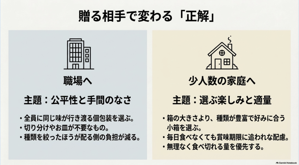 職場には公平に配りやすい個包装、少人数の家庭には好みに合う適量の小箱を選ぶ考え方を比較した図
