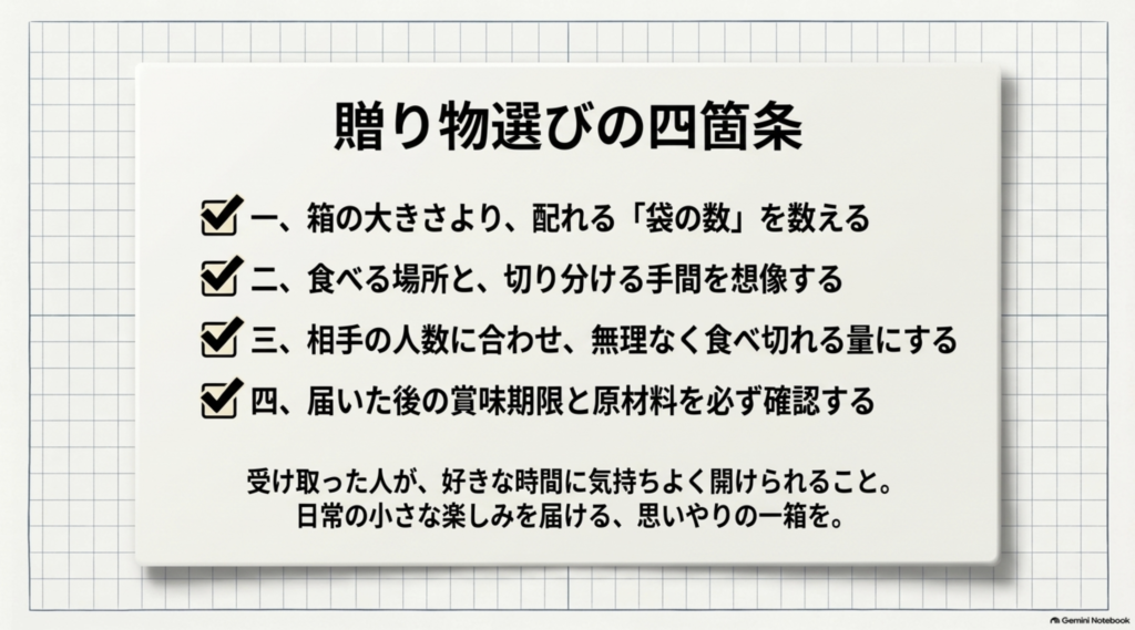 焼き菓子の贈り物を選ぶ際に、袋数、食べる場所、食べ切れる量、賞味期限と原材料を確認する4つのポイント