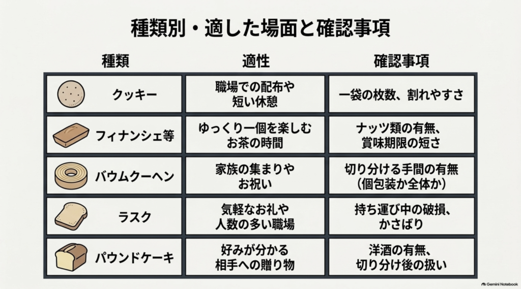クッキー、フィナンシェ、バウムクーヘン、ラスク、パウンドケーキの適した贈答場面と確認事項を比較した表