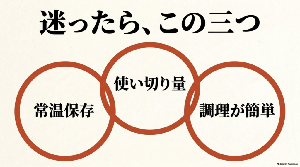 常温保存・使い切り量・調理が簡単という贈答品選びの3条件を示す図