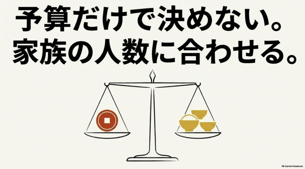 贈答品は予算だけで決めず家族の人数にも合わせて選ぶことを示す天秤の図