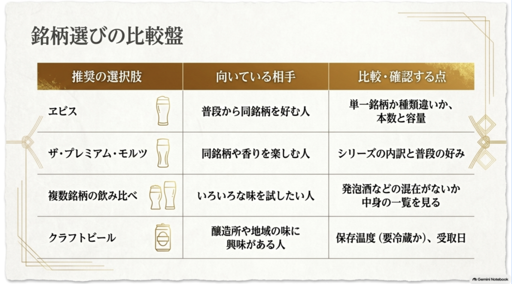 ヱビス、ザ・プレミアム・モルツ、複数銘柄の飲み比べ、クラフトビールの4種類について、向いている相手と購入前の確認事項を整理した比較表