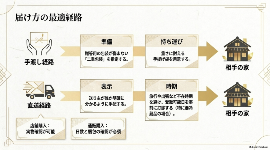 ビールギフトを手渡しする場合と直接配送する場合を比較し、二重包装や手提げ袋、送り主の表示、受取日の調整など必要な準備を示した図解
