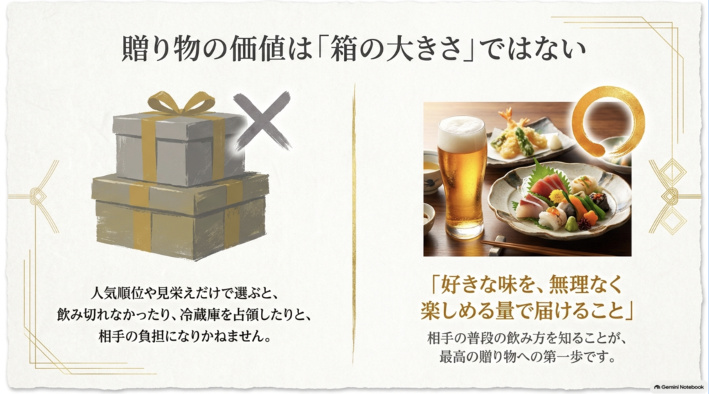 ビールの贈り物は箱の大きさや人気順位ではなく、相手の好きな味と無理なく楽しめる量を優先することが大切だと示す比較図