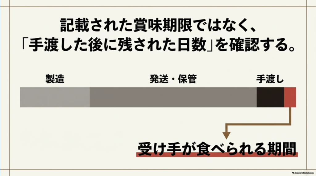 製造から発送・保管、手渡しまでの流れを図示し、贈答品を受け取った後に食べられる期間を確認する重要性を示したスライド