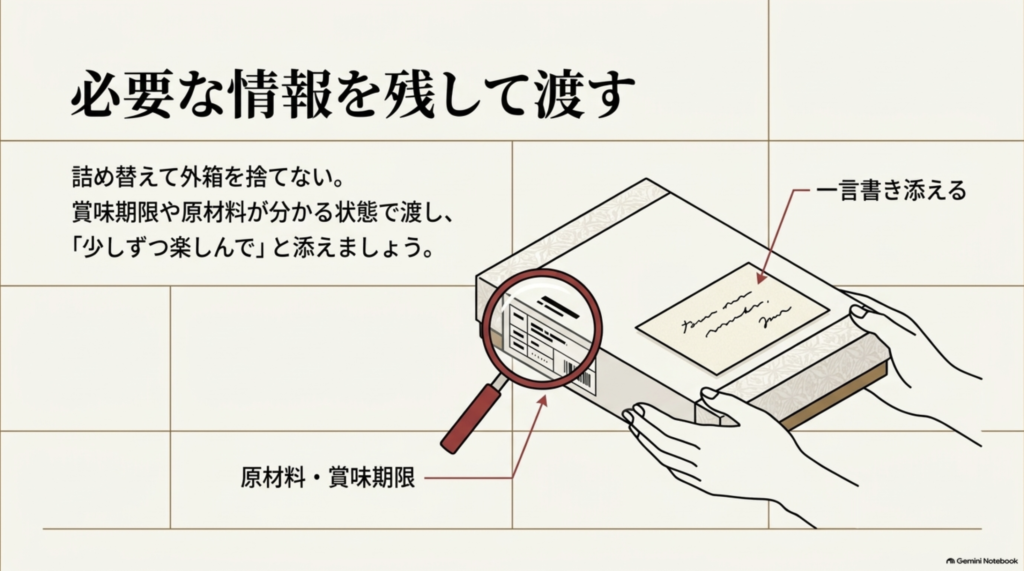 贈答用の箱に記載された原材料や賞味期限を確認し、必要な食品情報を残したままメッセージを添えて渡す方法を示したイラスト