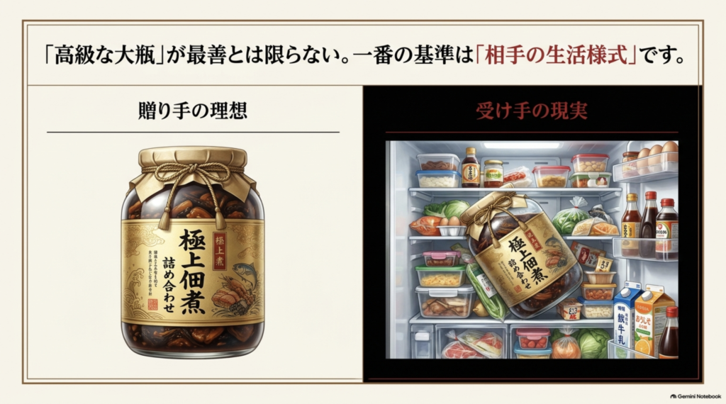 高級な佃煮の大瓶と冷蔵庫の収納状況を比較し、贈る側の理想より受け取る相手の生活様式を優先する大切さを示した図