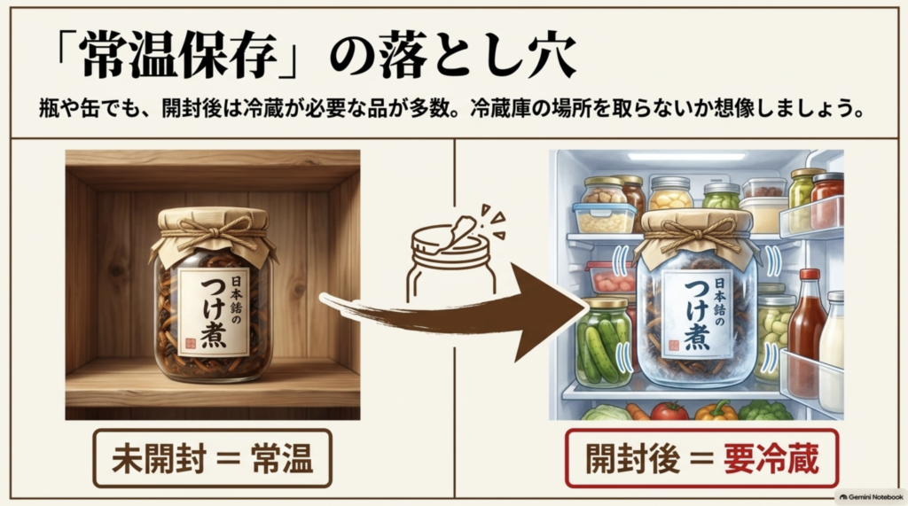 佃煮の瓶を例に、未開封時の保管と開封後の冷蔵保存を比較し、開封前後で保存条件が変わる場合があることを説明した図