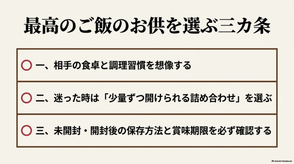 ご飯のお供を贈る際の三カ条として、相手の食卓と調理習慣を考えること、少量ずつ開封できる詰め合わせを選ぶこと、保存方法と賞味期限を確認することをまとめた図