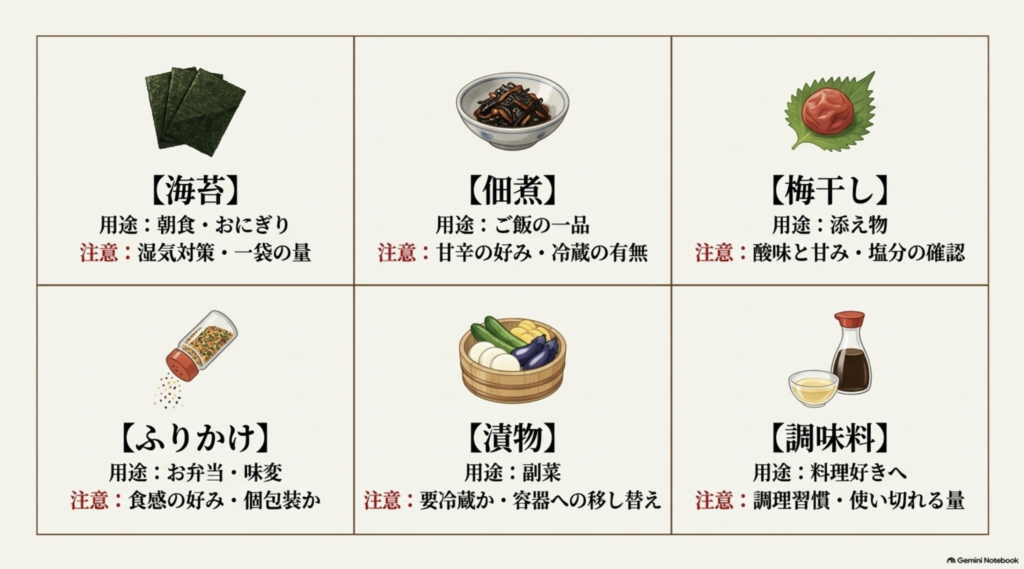 海苔、佃煮、梅干し、ふりかけ、漬物、調味料の6種類について、それぞれの用途と贈答品として選ぶ際の注意点をまとめた比較図