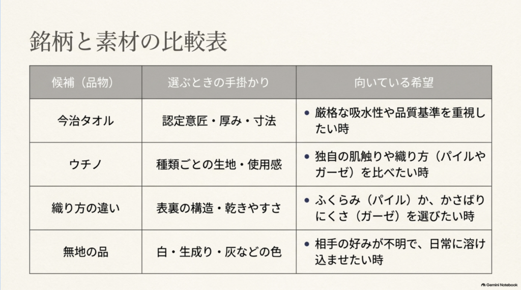 今治タオル、UCHINO、パイルとガーゼの織り方、無地のタオルについて、選ぶときの確認ポイントと向いている希望を整理した比較表。