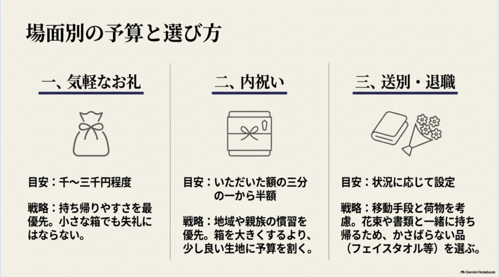 気軽なお礼は1,000〜3,000円程度、内祝いはいただいた金額の3分の1から半額程度などを目安に、送別では持ち帰りやすさを重視する選び方を比較した図。