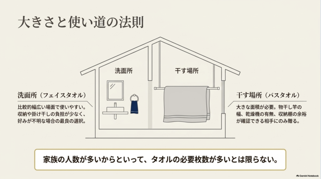 洗面所で使うフェイスタオルと入浴後に使うバスタオルを家の断面図で比較し、それぞれの用途や干す場所、収納の負担を説明した図。
