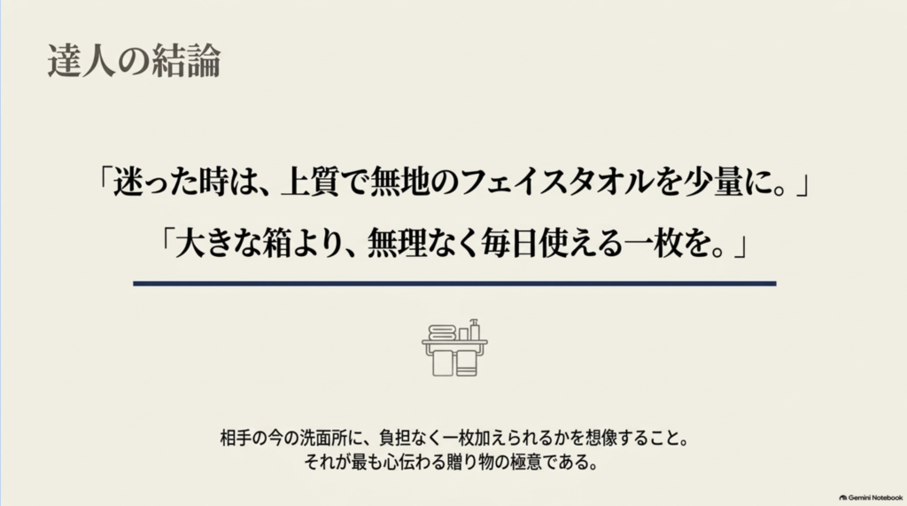 迷ったときは上質で無地のフェイスタオルを少量選び、大きな箱より毎日無理なく使える一枚を贈るというタオルギフト選びの結論を示したスライド。