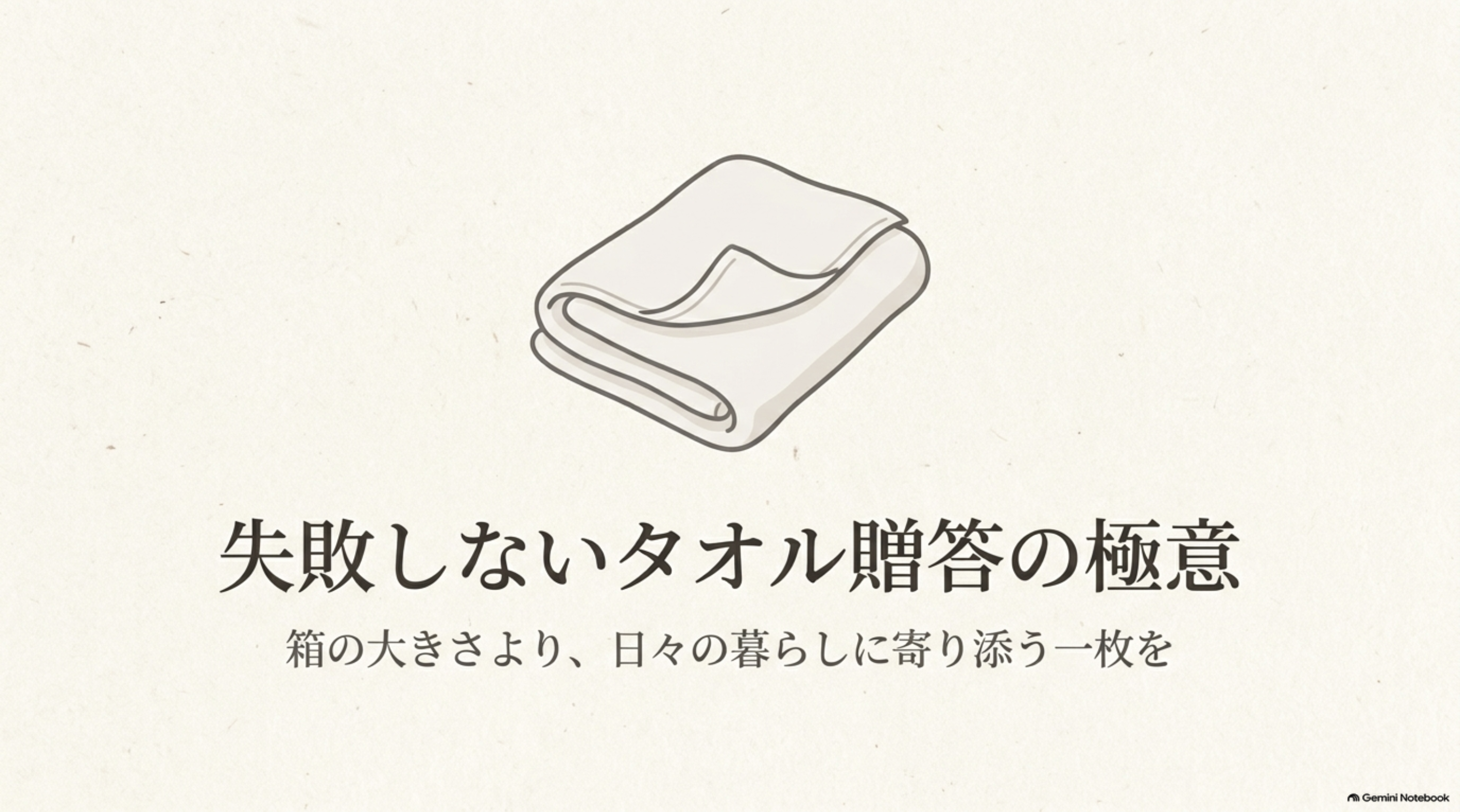 折りたたまれたタオルのイラストと、箱の大きさより日々の暮らしに寄り添う一枚を選ぶというタオル贈答の基本を紹介する表紙。