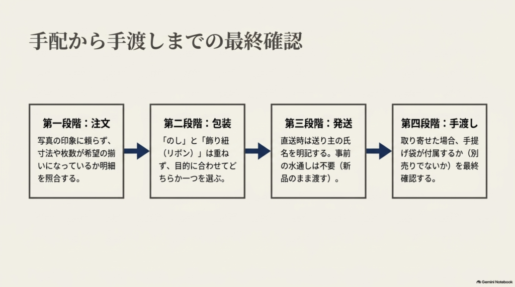 タオルギフトを贈る際の注文内容と寸法の確認、のしやリボンの選択、発送時の送り主表示、手渡し用の袋の確認という4段階を示したフロー図。