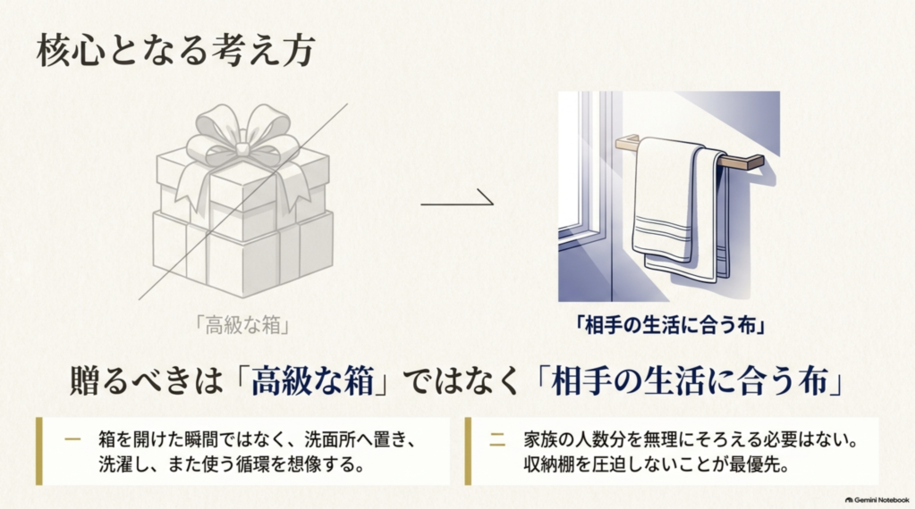 高級なギフト箱と洗面所に掛けたタオルを比較し、贈答用タオルは包装の豪華さより使いやすさや収納のしやすさを優先する考え方を説明した図。